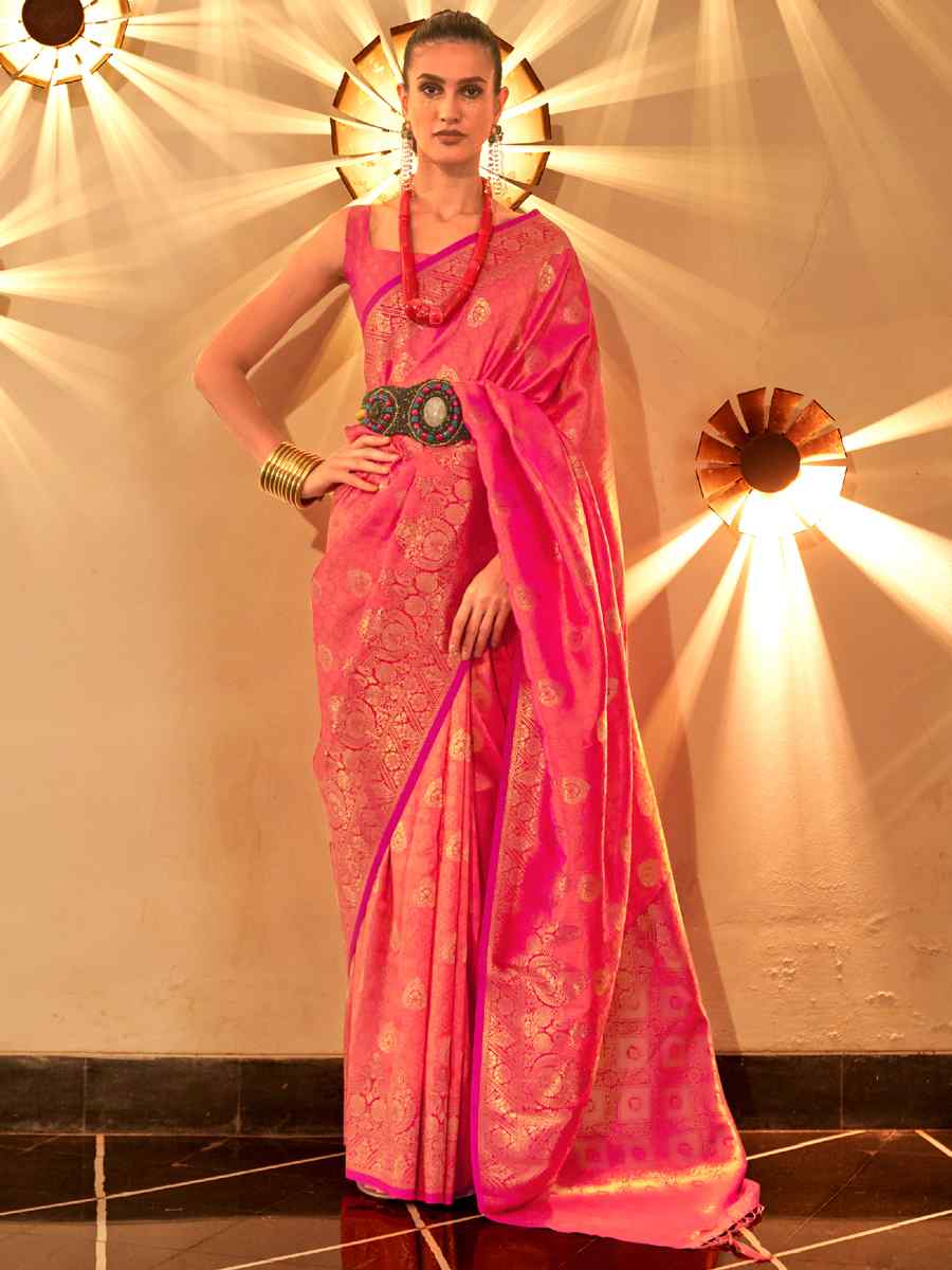 Pink Silk Handwoven Wedding Festival Heavy Border Saree