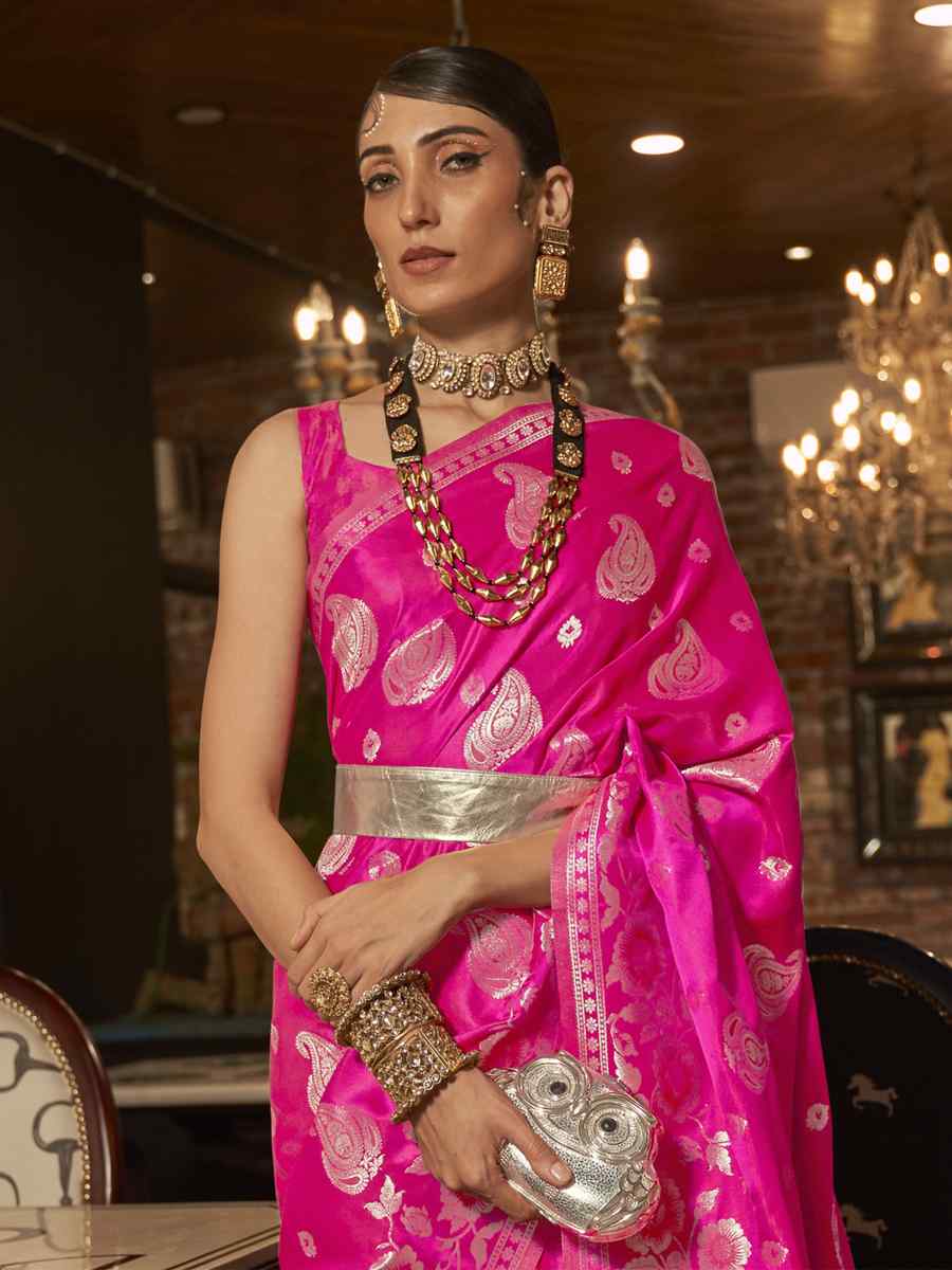 Pink Silk Handwoven Wedding Festival Heavy Border Saree