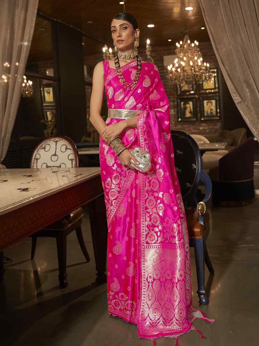 Pink Silk Handwoven Wedding Festival Heavy Border Saree