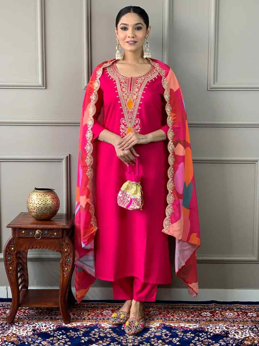 Pink Silk Viscose Embroidered Festival Wedding Pant Salwar Kameez