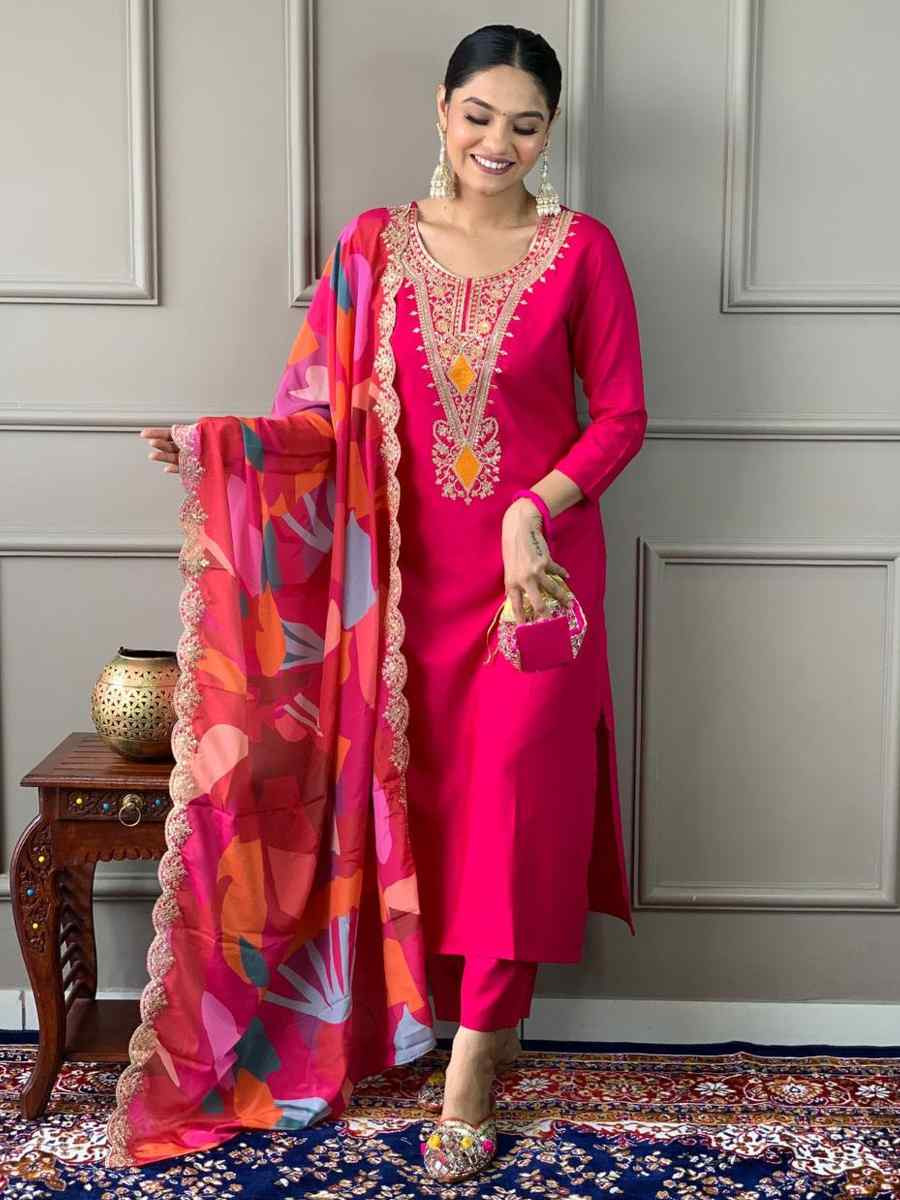 Pink Silk Viscose Embroidered Festival Wedding Pant Salwar Kameez