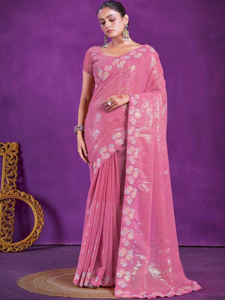 Pink Simer Embroidered Wedding Party Heavy Border Saree