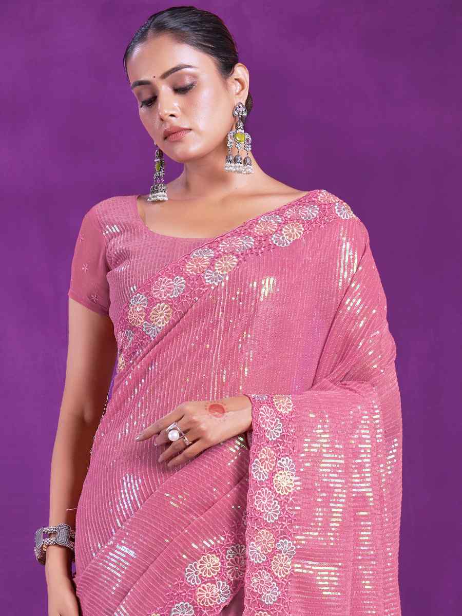 Pink Simer Embroidered Wedding Party Heavy Border Saree