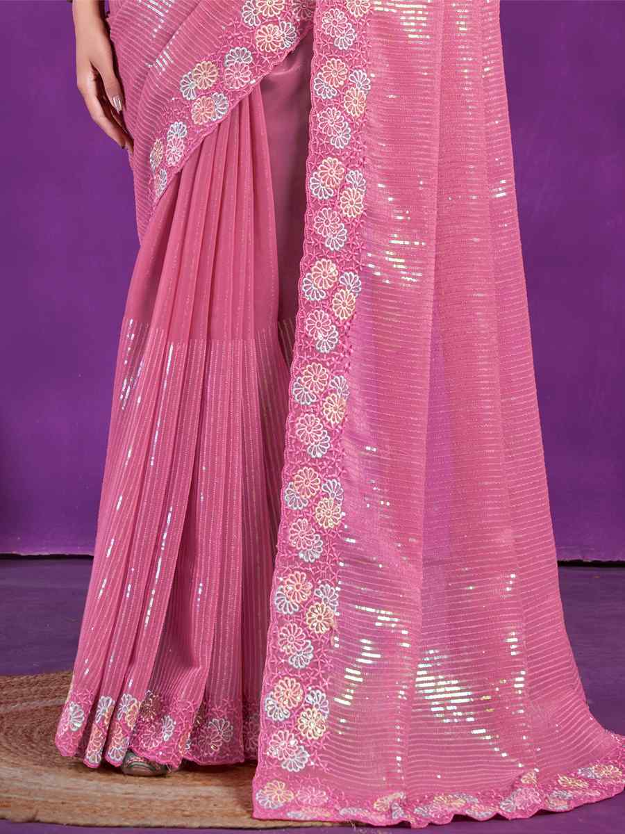 Pink Simer Embroidered Wedding Party Heavy Border Saree