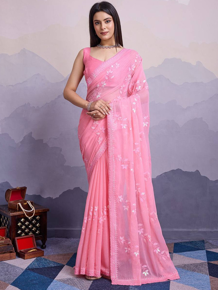 Pink Simmer Chiffon Handwoven Festival Wedding Classic Style Saree