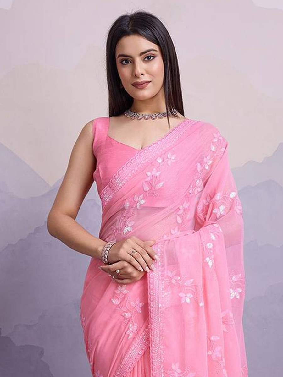 Pink Simmer Chiffon Handwoven Festival Wedding Classic Style Saree