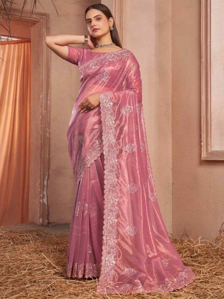Pink Simmer Silver Net Embroidered Party Reception Heavy Border Saree