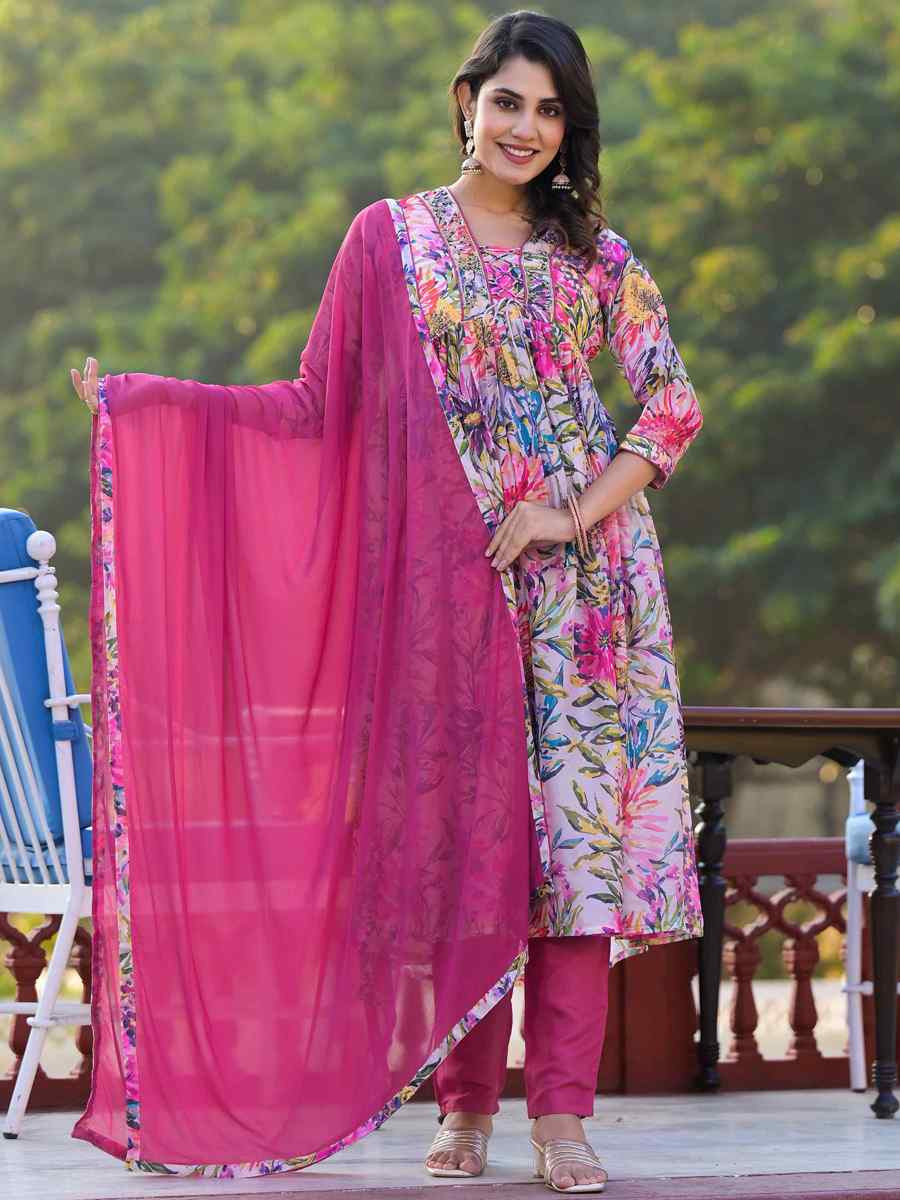 Pink Slim Georgatte Printed Festival Casual Ready Anarkali Salwar Kameez