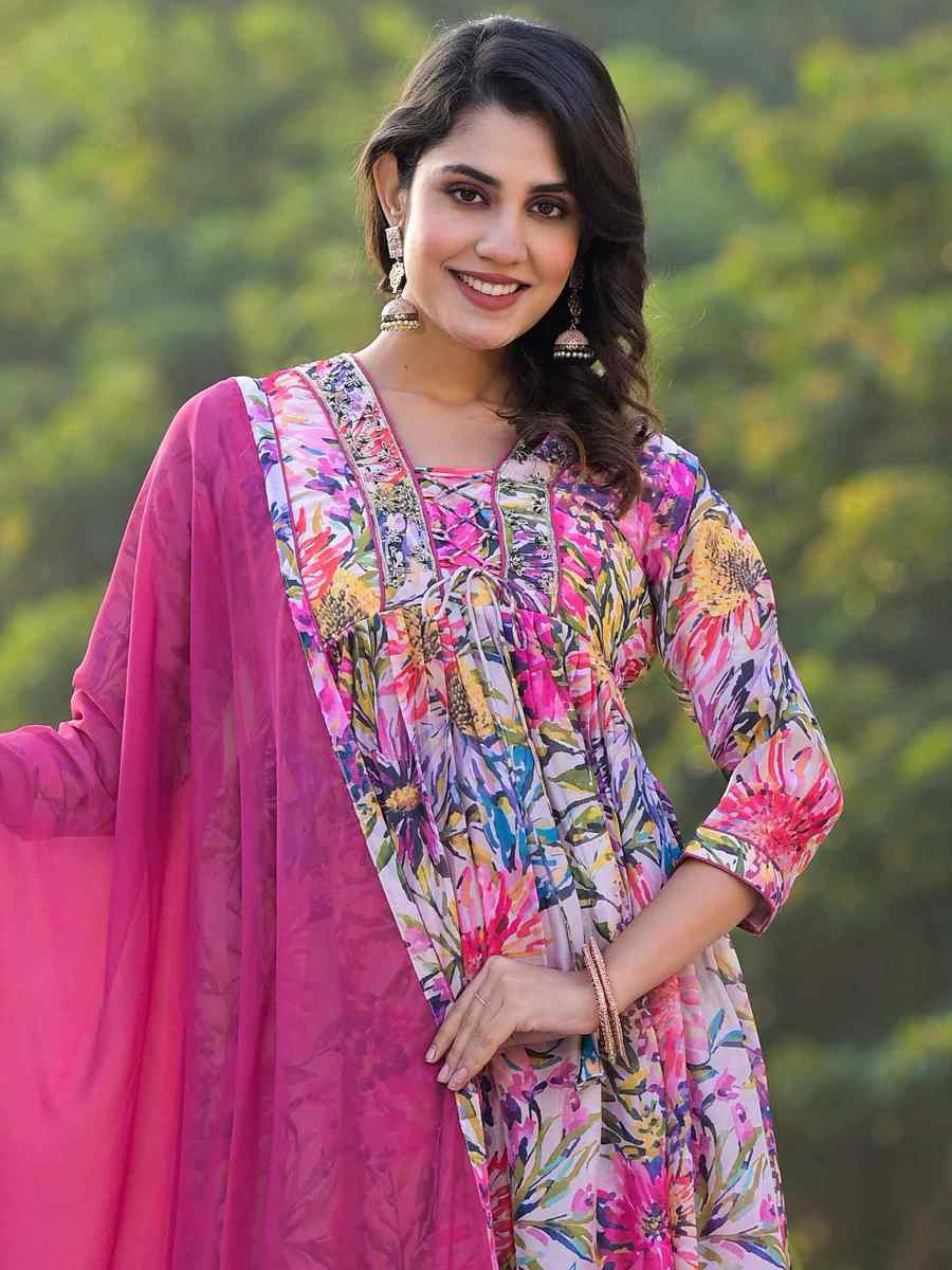 Pink Slim Georgatte Printed Festival Casual Ready Anarkali Salwar Kameez