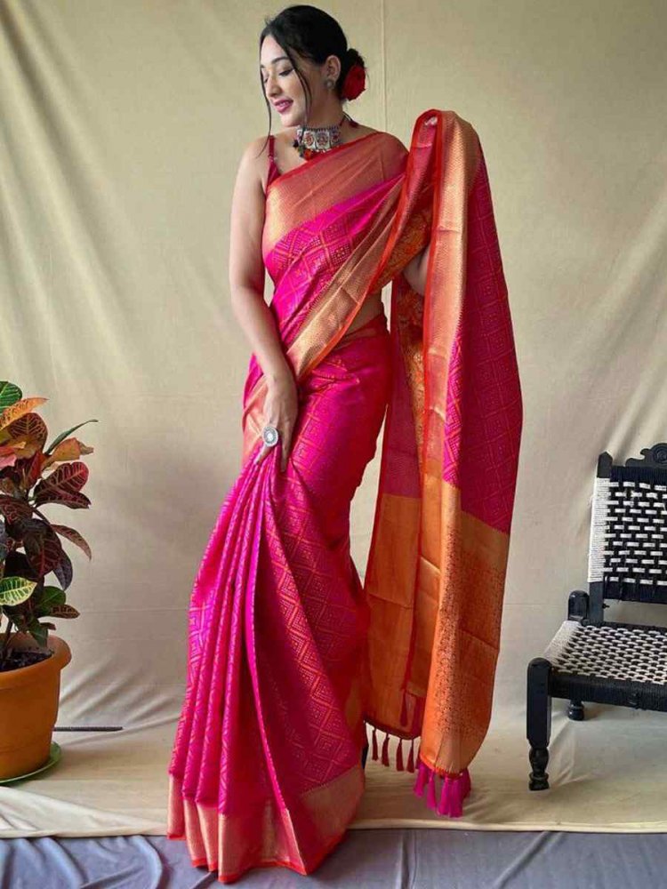 Pink Soft Banarasi Silk Handwoven Festival Wedding Heavy Border Saree