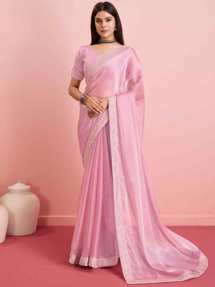 Pink Soft Burberry Embroidered Party Festival Classic Style Saree