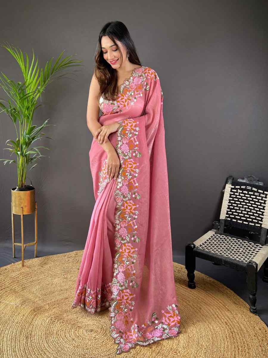 Pink Soft Glossy Silk Embroidered Reception Party Heavy Border Saree