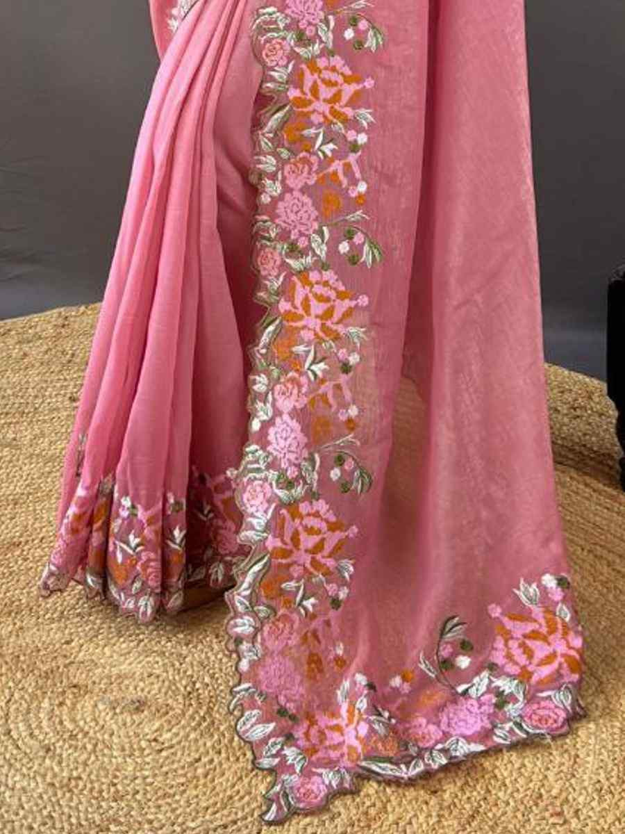 Pink Soft Glossy Silk Embroidered Reception Party Heavy Border Saree