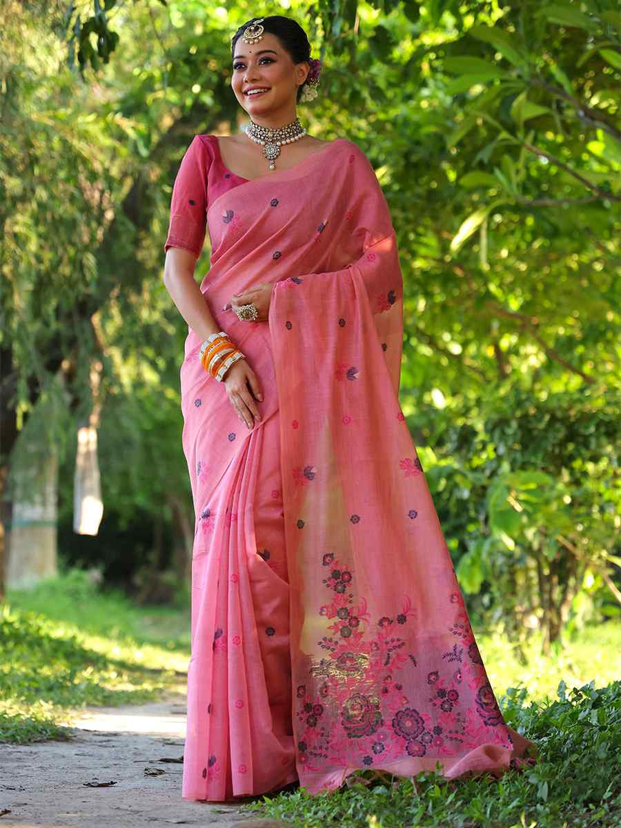 Pink Soft muga Cotton Printed Festival Casual Contemporary Saree