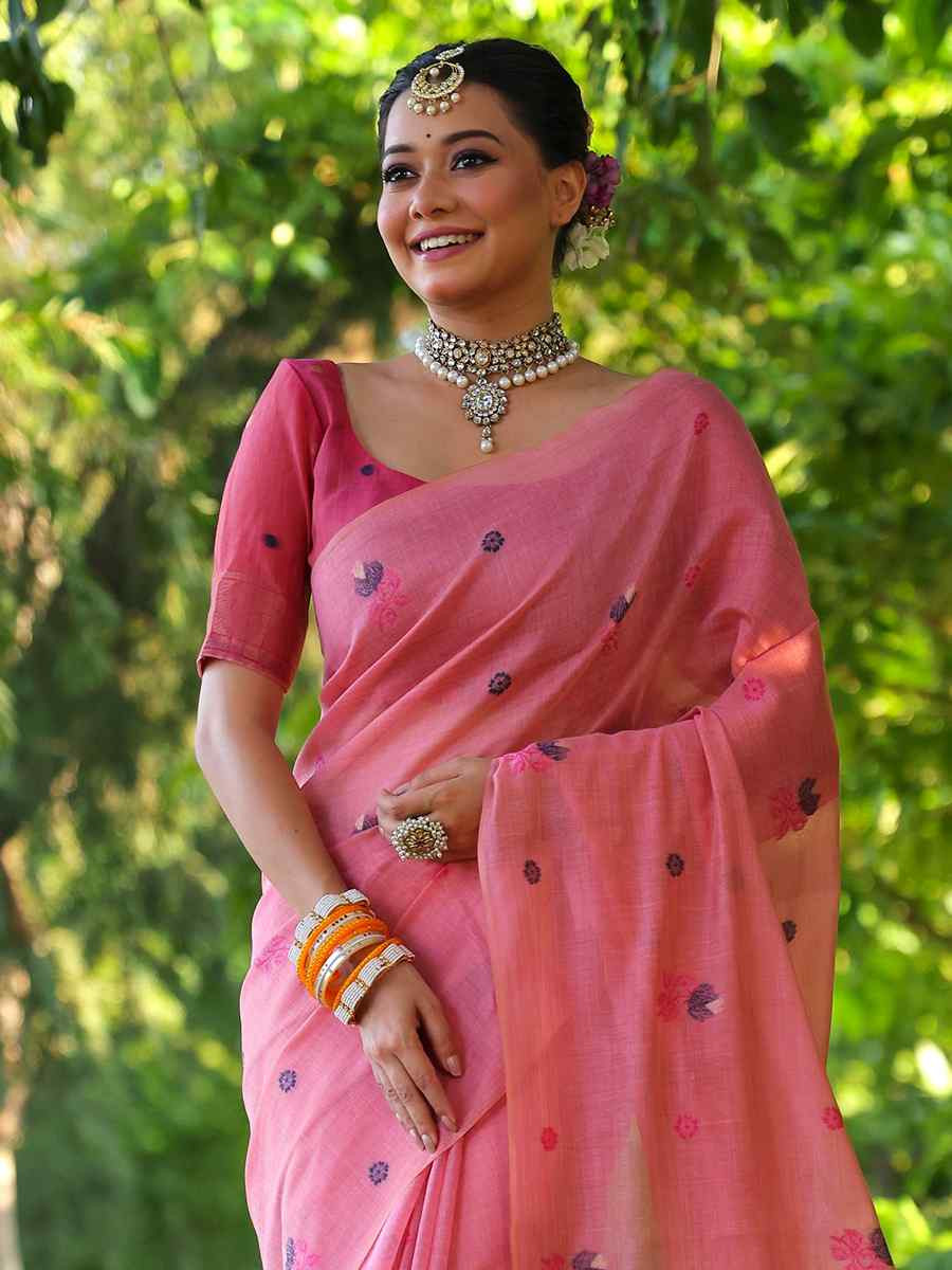 Pink Soft muga Cotton Printed Festival Casual Contemporary Saree