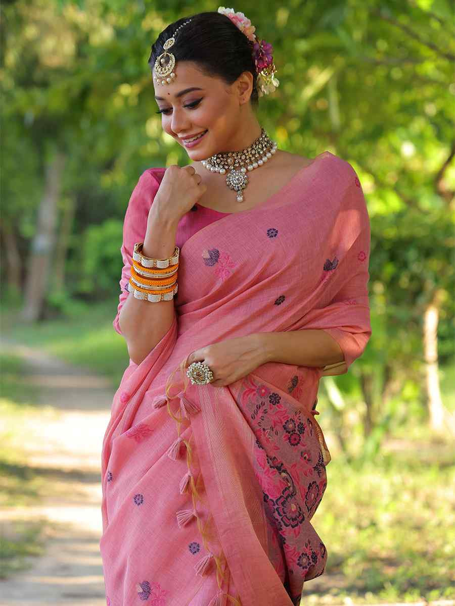 Pink Soft muga Cotton Printed Festival Casual Contemporary Saree