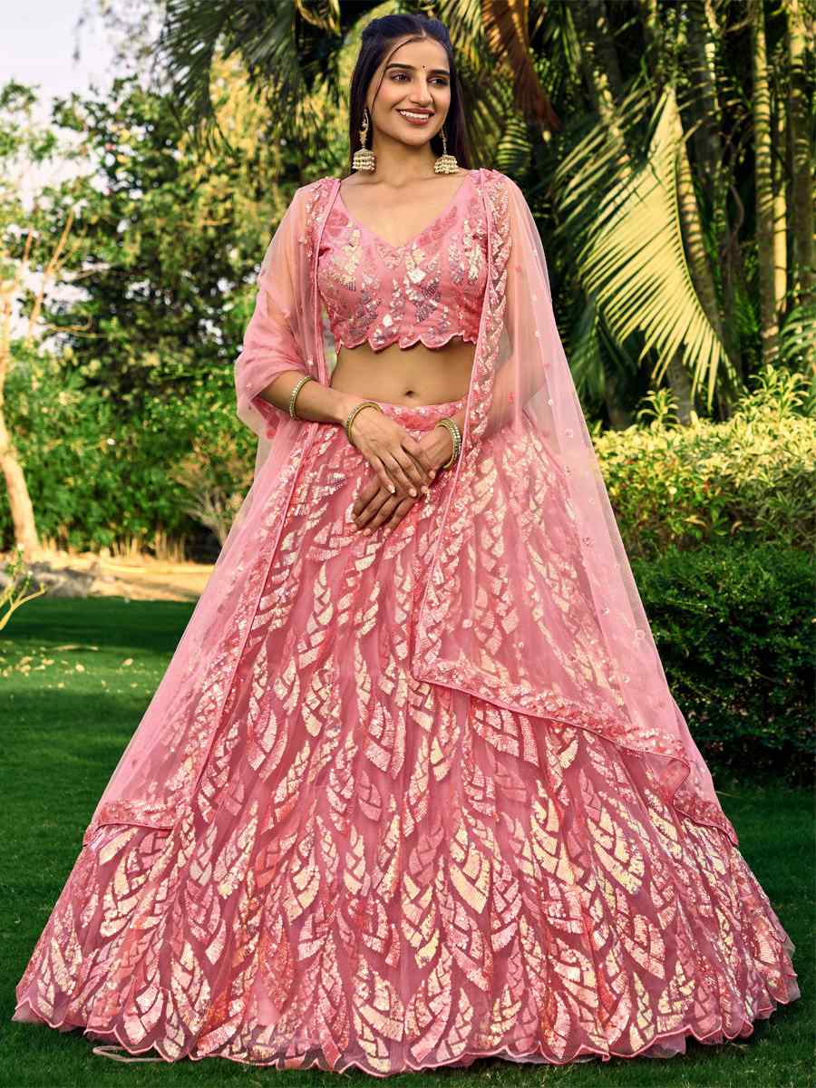 Pink Soft Net Embroidered Bridesmaid Wedding Heavy Border Lehenga Choli