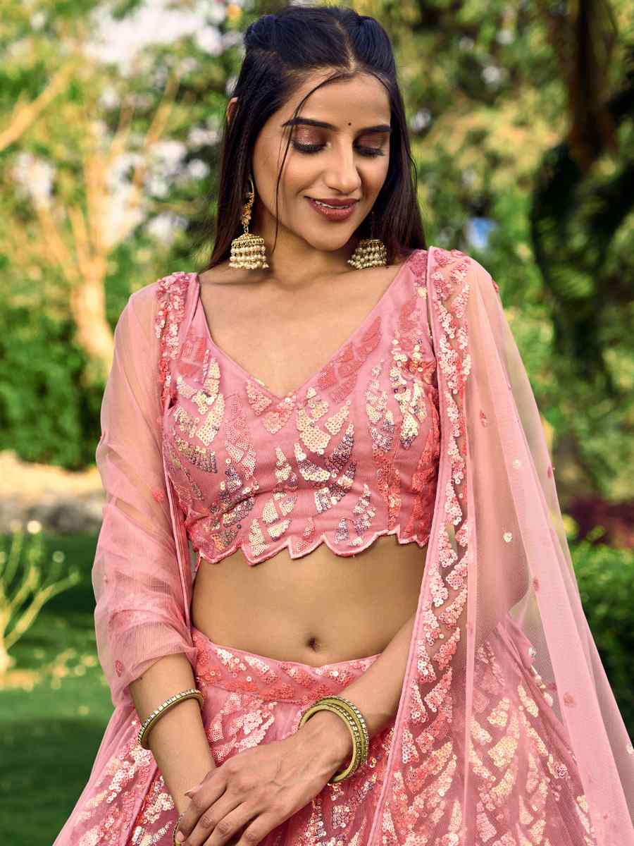 Pink Soft Net Embroidered Bridesmaid Wedding Heavy Border Lehenga Choli