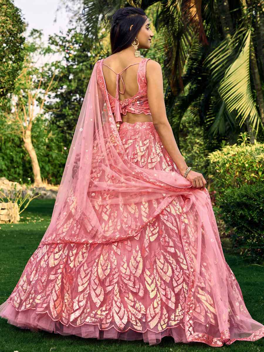 Pink Soft Net Embroidered Bridesmaid Wedding Heavy Border Lehenga Choli