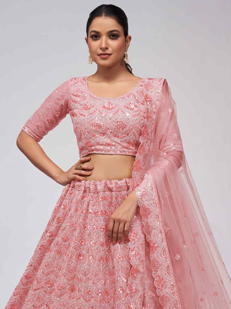 Pink Soft Net Embroidered Bridesmaid Wedding Heavy Border Lehenga Choli