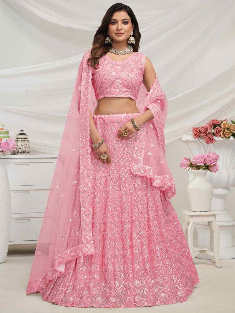 Pink Soft Net Embroidered Bridesmaid Wedding Heavy Border Lehenga Choli