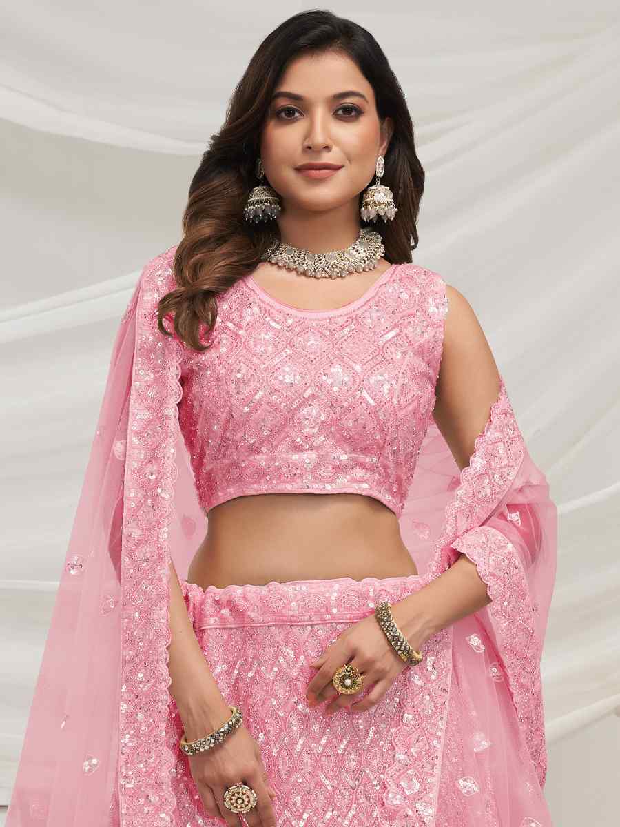 Pink Soft Net Embroidered Bridesmaid Wedding Heavy Border Lehenga Choli