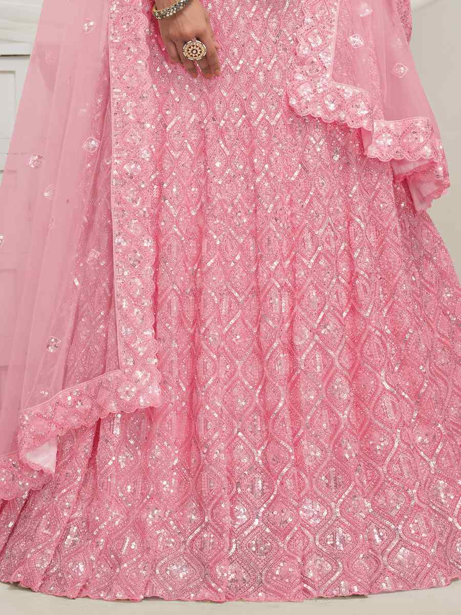 Pink Soft Net Embroidered Bridesmaid Wedding Heavy Border Lehenga Choli