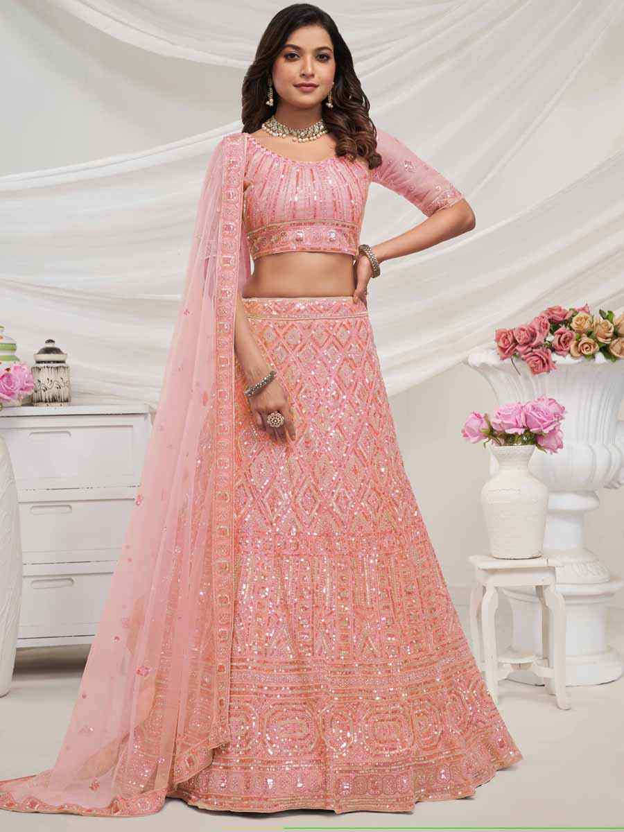 Pink Soft Net Embroidered Bridesmaid Wedding Heavy Border Lehenga Choli