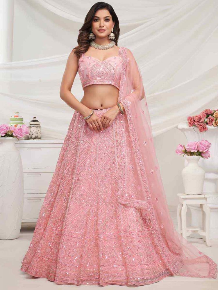 Pink Soft Net Embroidered Bridesmaid Wedding Heavy Border Lehenga Choli