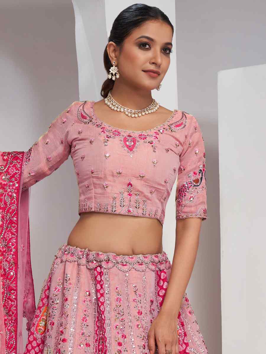 Pink Soft Net Embroidery Bridesmaid Wedding Heavy Border Lehenga Choli