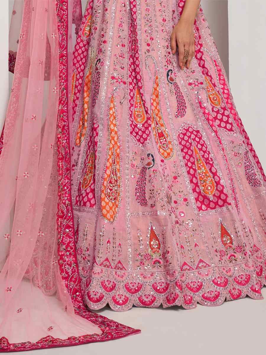 Pink Soft Net Embroidery Bridesmaid Wedding Heavy Border Lehenga Choli