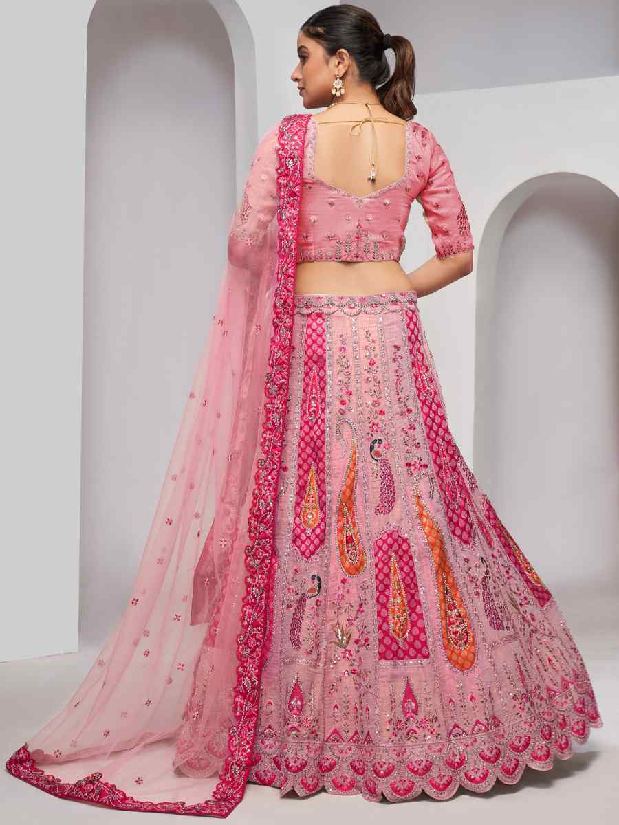 Pink Soft Net Embroidery Bridesmaid Wedding Heavy Border Lehenga Choli