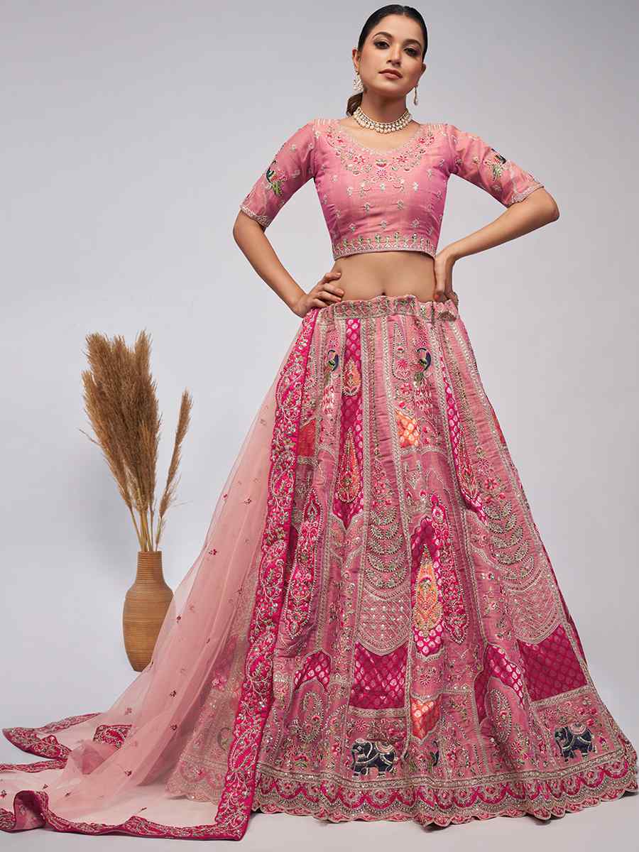 Pink Soft Net Embroidery Bridesmaid Wedding Heavy Border Lehenga Choli