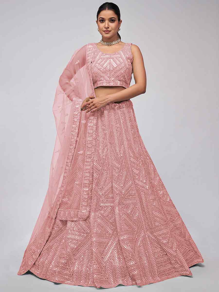 Pink Soft Net Embroidery Bridesmaid Wedding Heavy Border Lehenga Choli