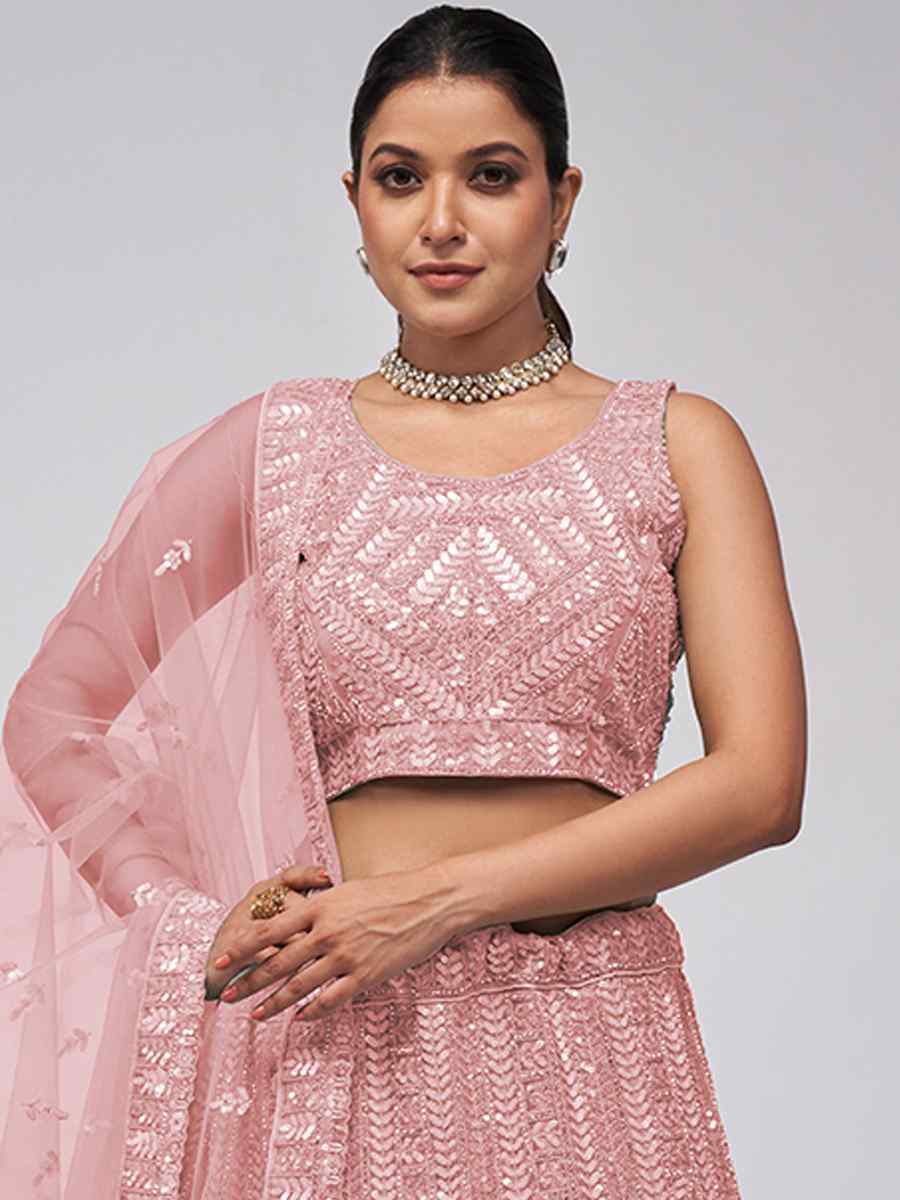 Pink Soft Net Embroidery Bridesmaid Wedding Heavy Border Lehenga Choli