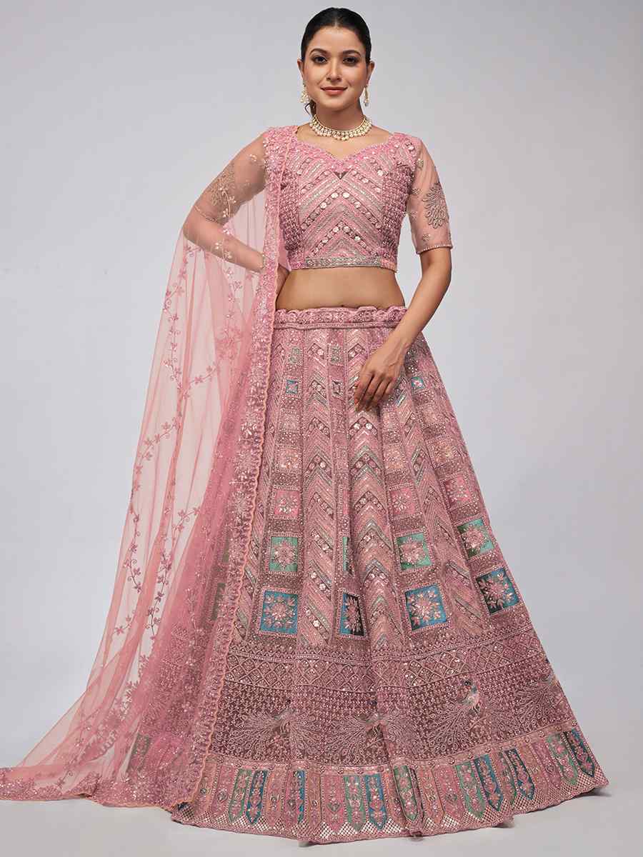 Pink Soft Net Embroidery Bridesmaid Wedding Heavy Border Lehenga Choli