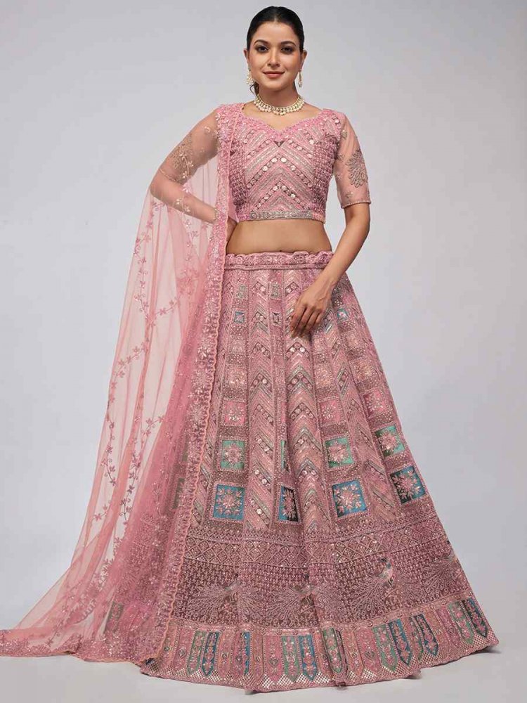 Pink Soft Net Embroidery Bridesmaid Wedding Heavy Border Lehenga Choli