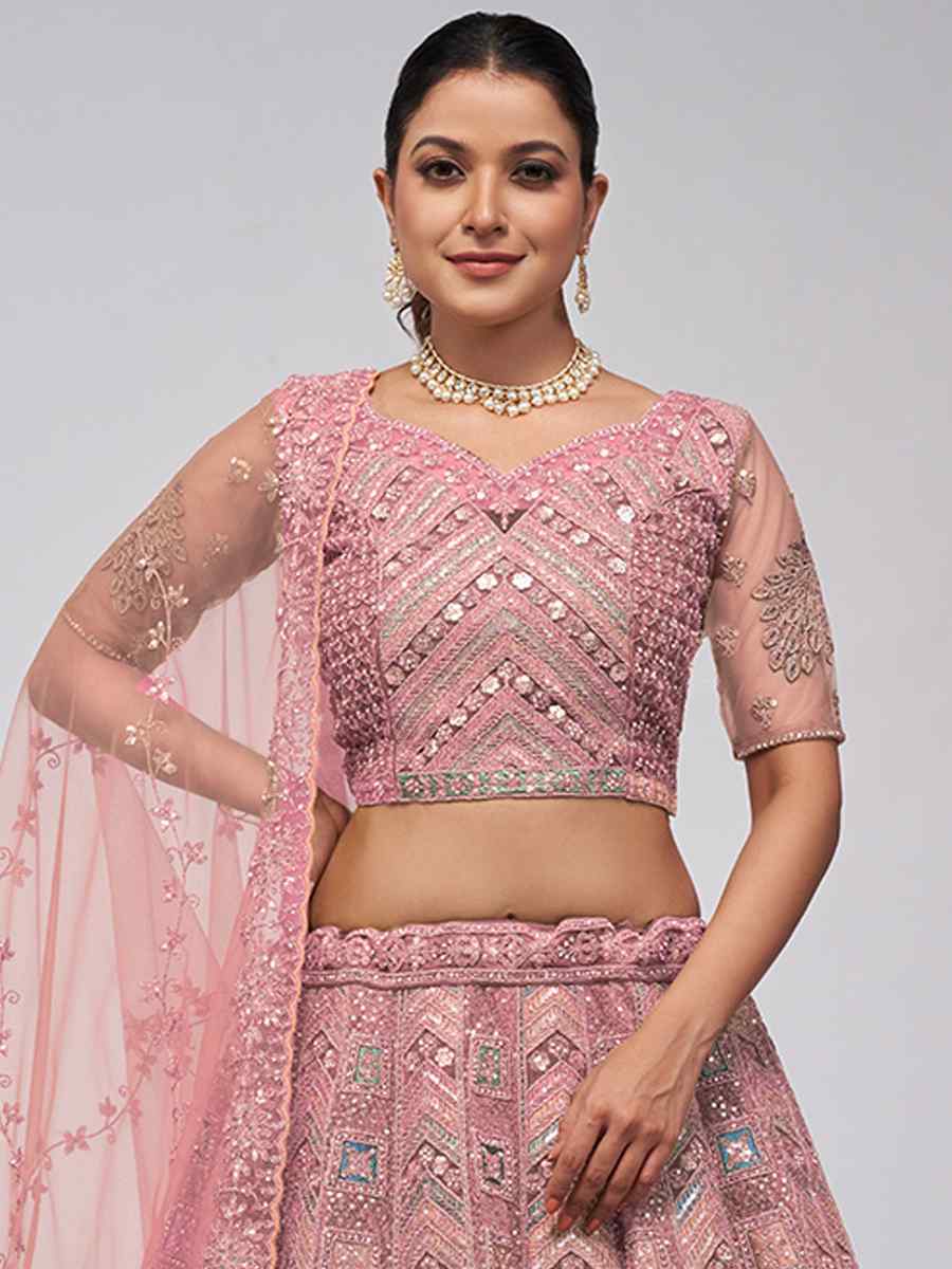 Pink Soft Net Embroidery Bridesmaid Wedding Heavy Border Lehenga Choli