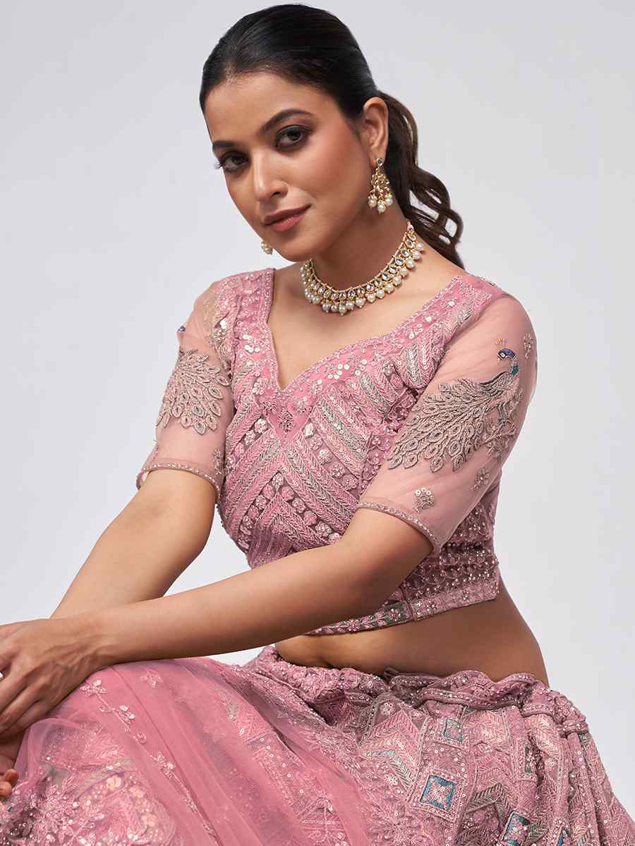 Pink Soft Net Embroidery Bridesmaid Wedding Heavy Border Lehenga Choli