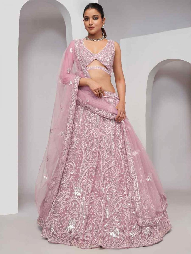 Pink Soft Net Embroidery Bridesmaid Wedding Heavy Border Lehenga Choli