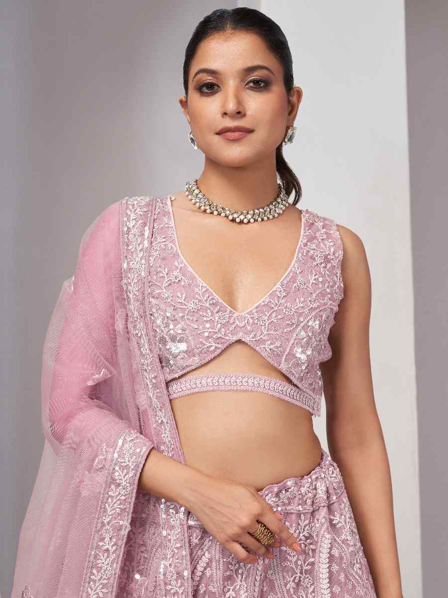 Pink Soft Net Embroidery Bridesmaid Wedding Heavy Border Lehenga Choli