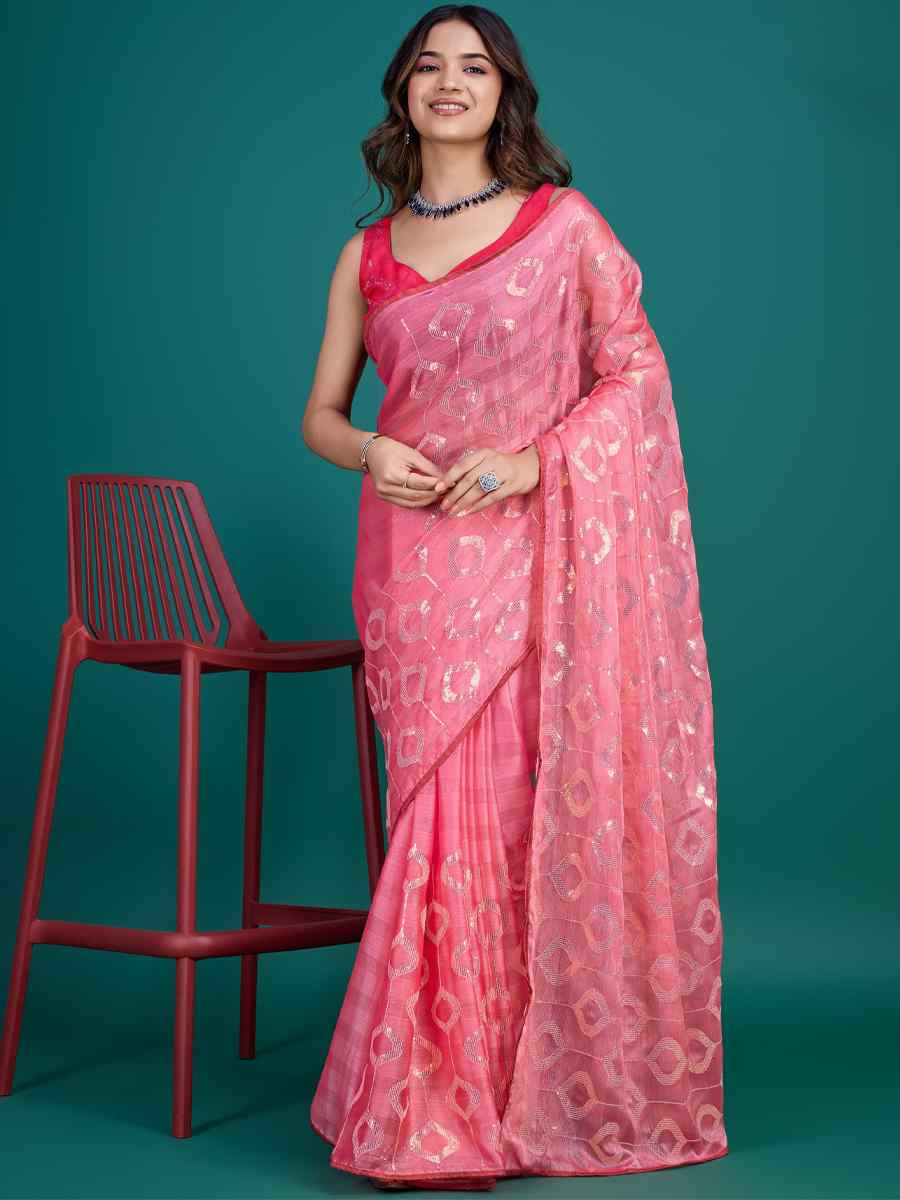 Pink Soft Pure Rolex Embroidered Festival Party Classic Style Saree