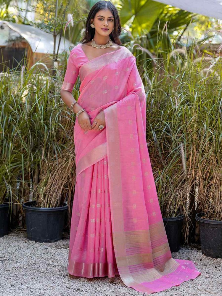 Pink Soft Resham Silk Handwoven Wedding Festival Heavy Border Saree