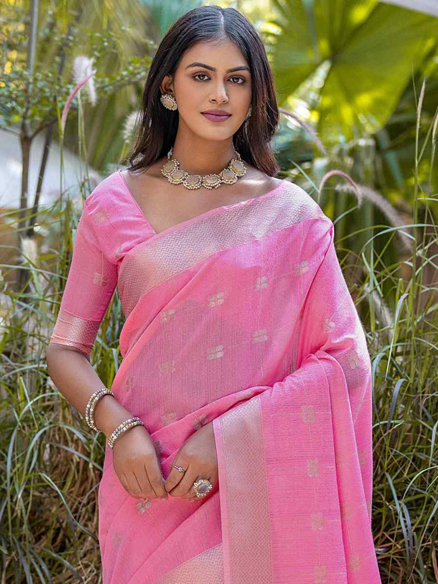 Pink Soft Resham Silk Handwoven Wedding Festival Heavy Border Saree