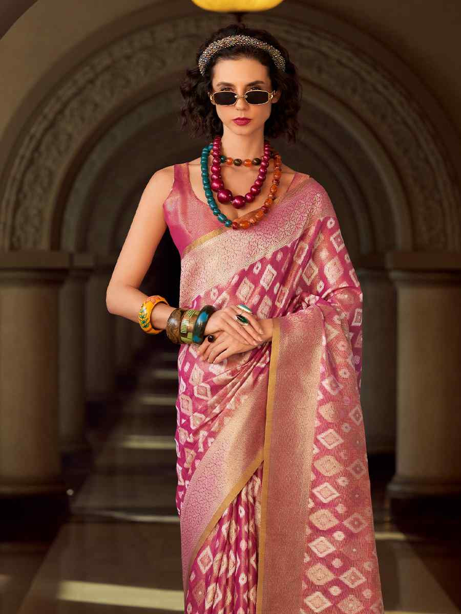 Pink Soft Tissue Silk Handwoven Festival Casual Classic Style Saree