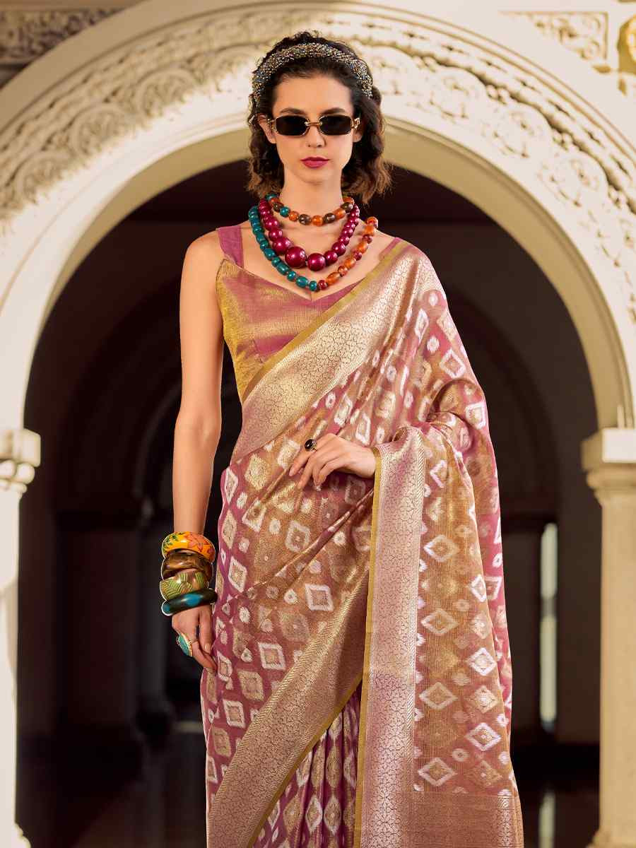 Pink Soft Tissue Silk Handwoven Festival Casual Classic Style Saree