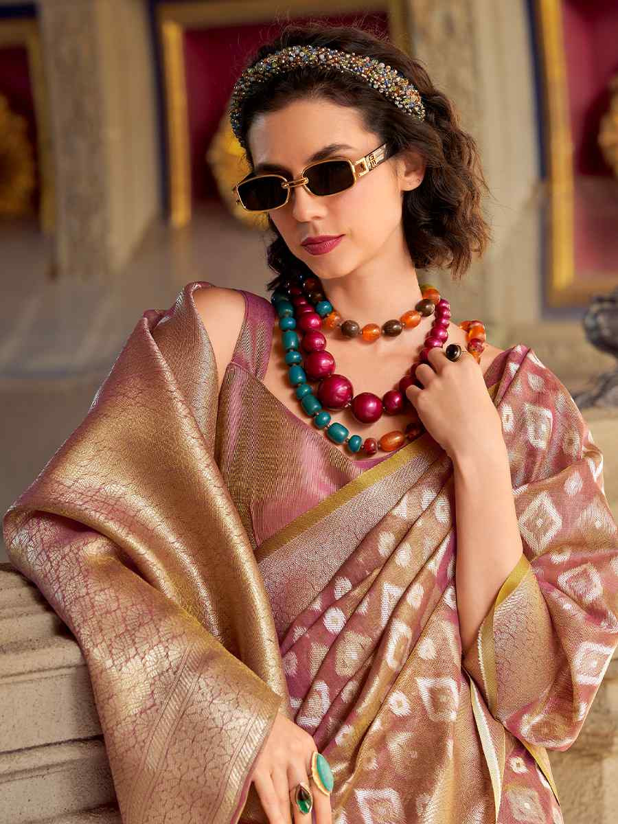 Pink Soft Tissue Silk Handwoven Festival Casual Classic Style Saree