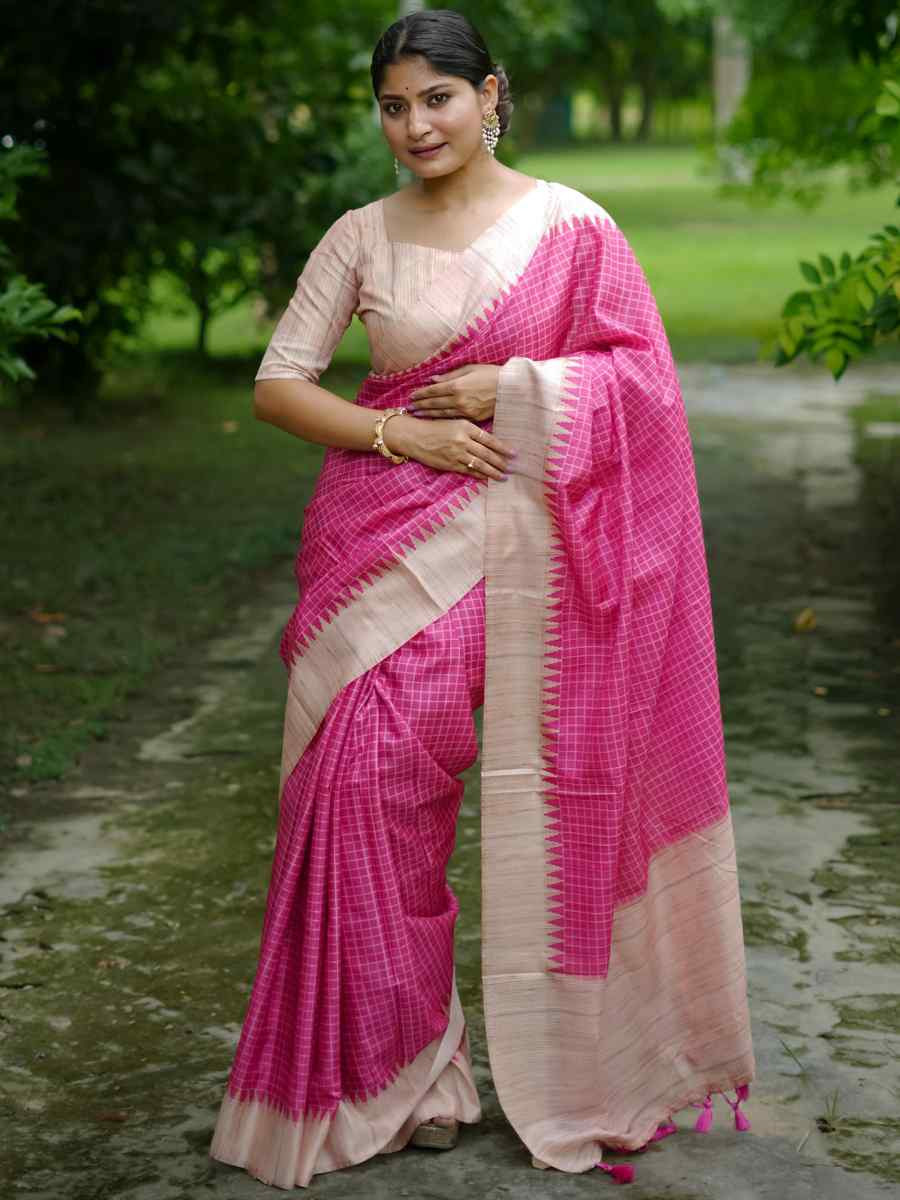 Pink Soft Tussar Silk Handwoven Festival Casual Classic Style Saree