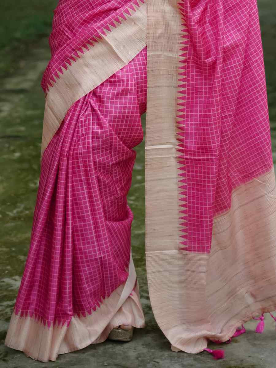 Pink Soft Tussar Silk Handwoven Festival Casual Classic Style Saree