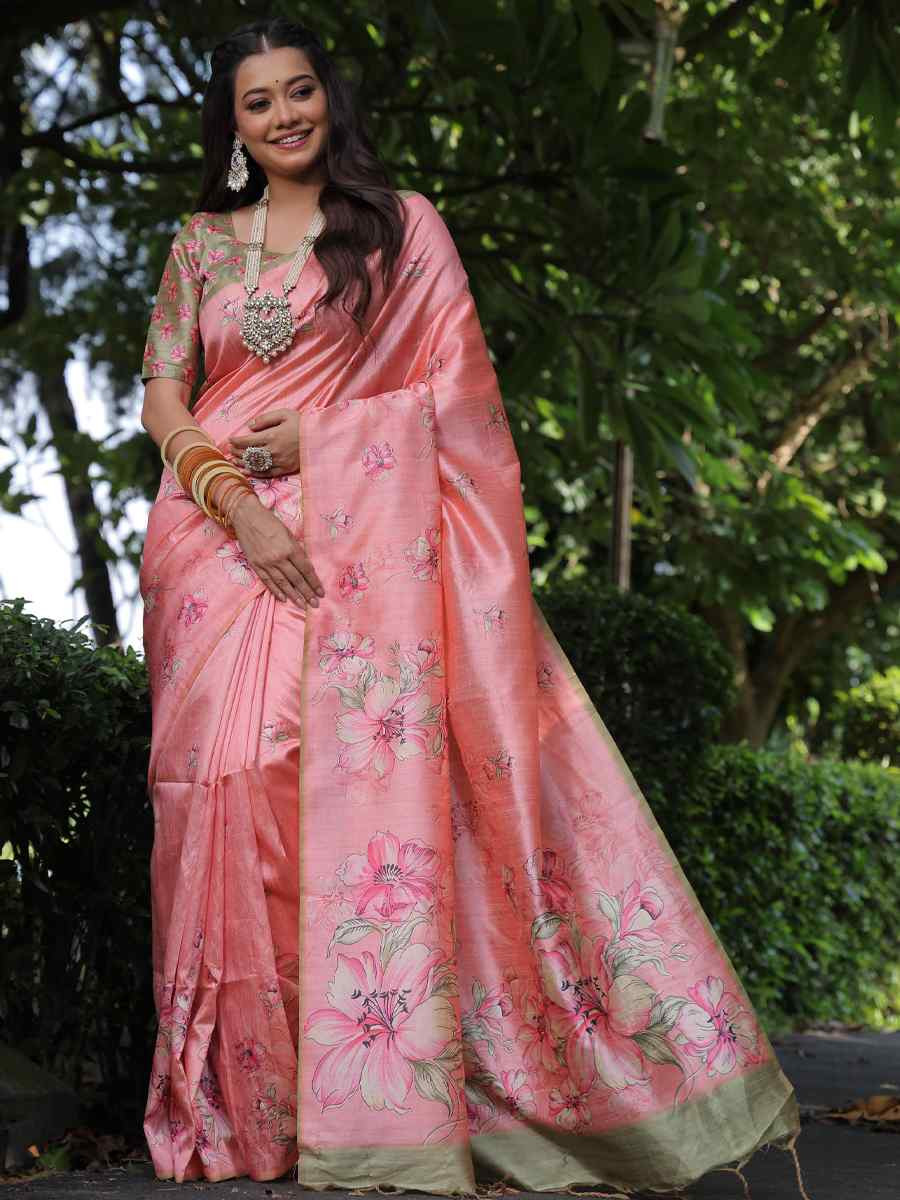 Pink Soft Tussar Silk Handwoven Festival Casual Classic Style Saree